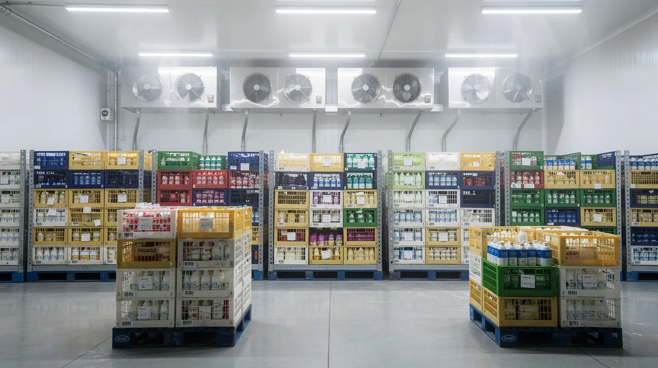 324d0777 bdc8 49cc aee0 af89cfa06705 The image depicts a modern cold storage room filled with neatly stacked crates of dairy products alongside industrial refrigeration units, showcasing the essential infrastructure for dairy processing. This facility plays a crucial role in maintaining the quality and freshness of milk and dairy products, contributing to the efficiency and profitability of the dairy farming sector.