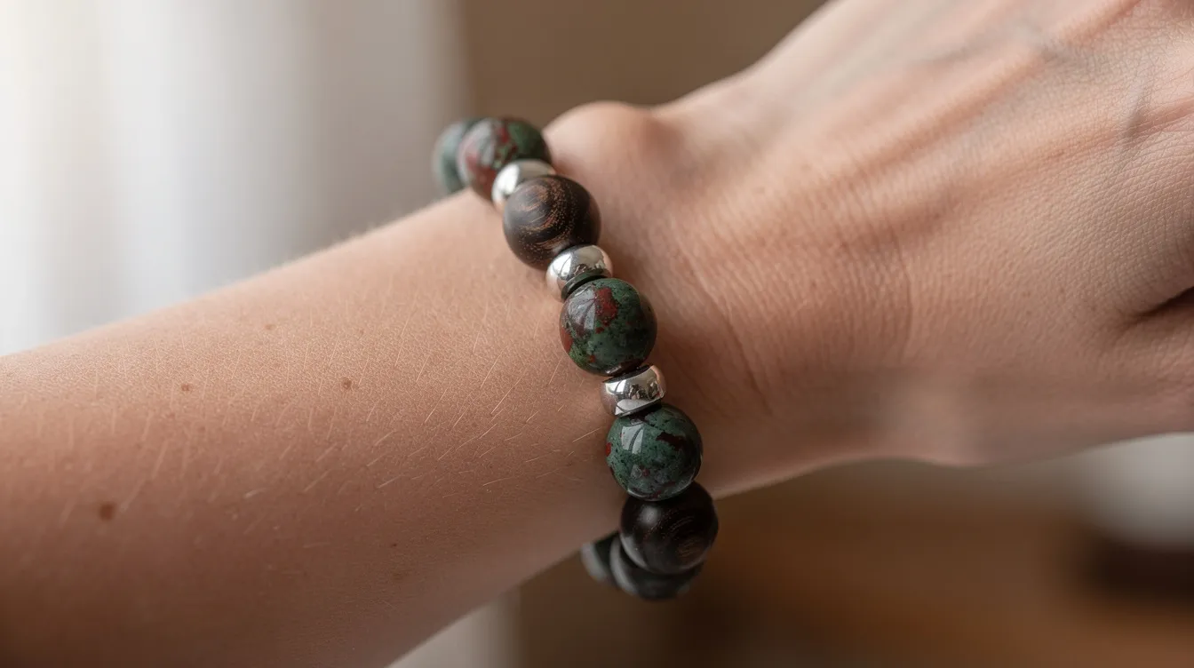 A person is wearing a stylish bracelet made of bloodstone beads, accented with dark wood and silver elements, showcasing the unique red spots of the bloodstone against the earthy tones. This piece of jewelry combines natural stones, making it a fashionable choice for everyday wear.
