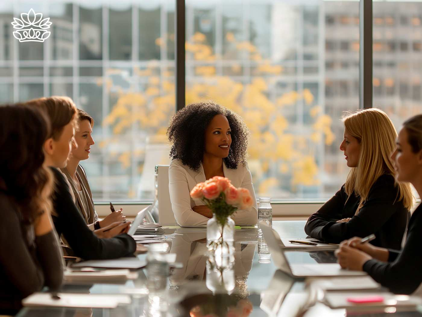 A group of focused businesswomen engaging in a productive boardroom discussion, with a delicate bouquet adding a touch of elegance from Fabulous Flowers and Gifts.