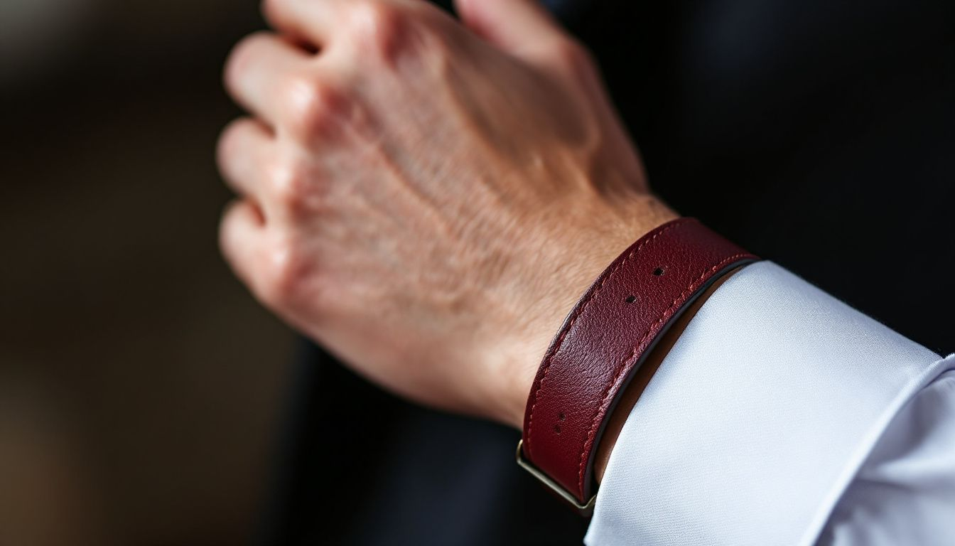 A stylish burgundy leather watch band displayed elegantly.