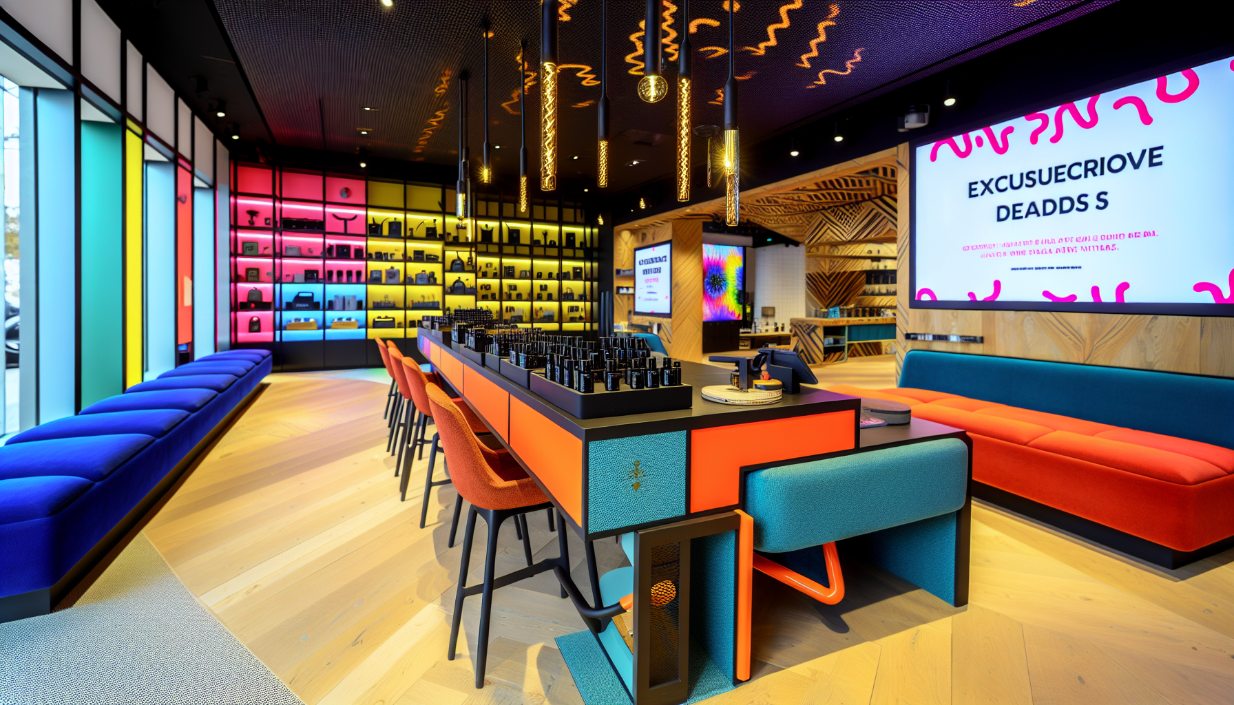 Trendy and stylish interior of a modern dispensary with exclusive deals and discounts