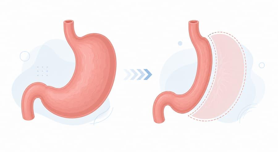 Medical illustration showing the anatomy of a gastric sleeve surgery compared to a normal stomach.