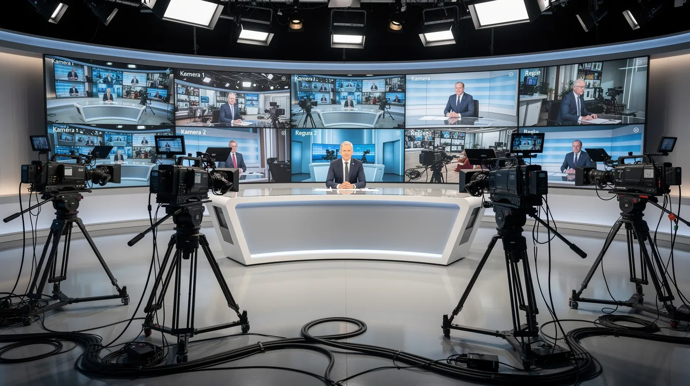 Das Bild zeigt ein Fernsehstudio mit mehreren Kameras und einem Moderator, der an einem Tisch sitzt. Im Hintergrund sind Monitore zu sehen, die verschiedene Kamerawinkel und Einstellungen der laufenden Szene anzeigen.