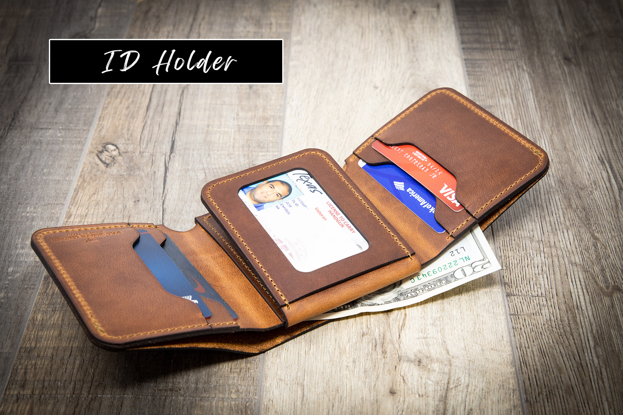 A trifold ID wallet with credit card slots and ID sections