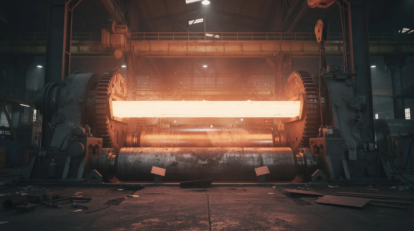 The image depicts an industrial steel rolling mill where glowing hot steel passes between heavy metal rollers, highlighting the hot rolled process. This scene illustrates the transformation of raw steel into various shapes, showcasing the high temperatures and the rough surface finish typical of hot rolled steel.