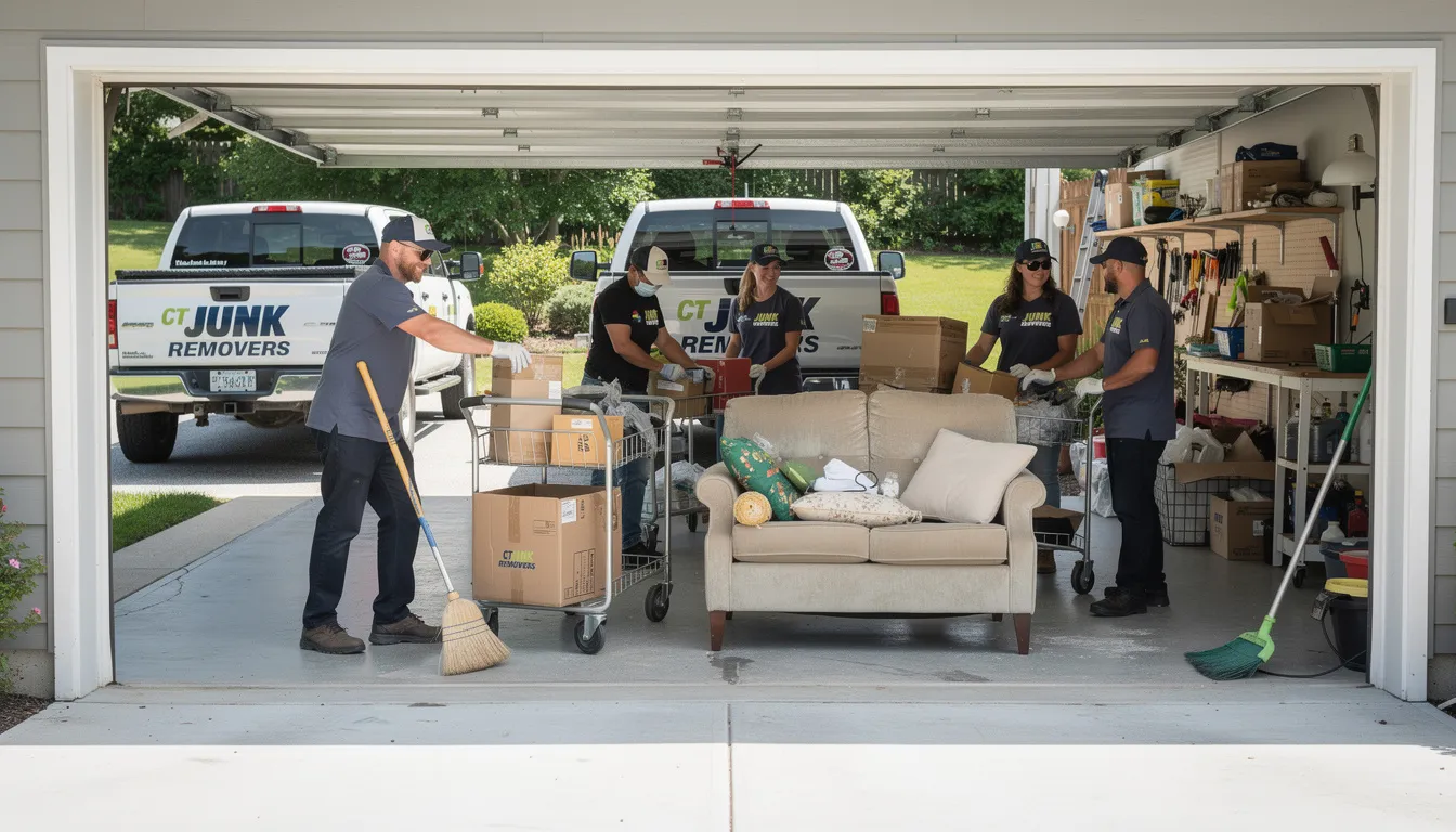 The TWO MEN AND A JUNK TRUCK® team is actively working in a cluttered residential garage, efficiently tackling a garage cleanout project by sorting and removing unwanted items. Their experienced team is dedicated to transforming the garage space, ensuring a clean and organized environment for homeowners in Connecticut.