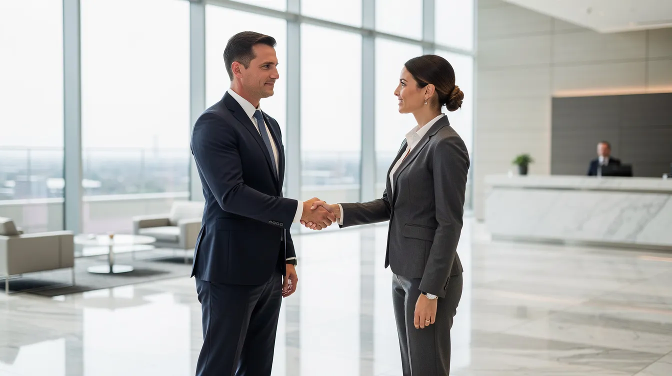 The image shows two business professionals shaking hands in a modern office lobby, symbolizing a strategic partnership that could lead to sustainable growth and market expansion. Their interaction reflects a commitment to developing customer relationships and enhancing business success through collaboration.