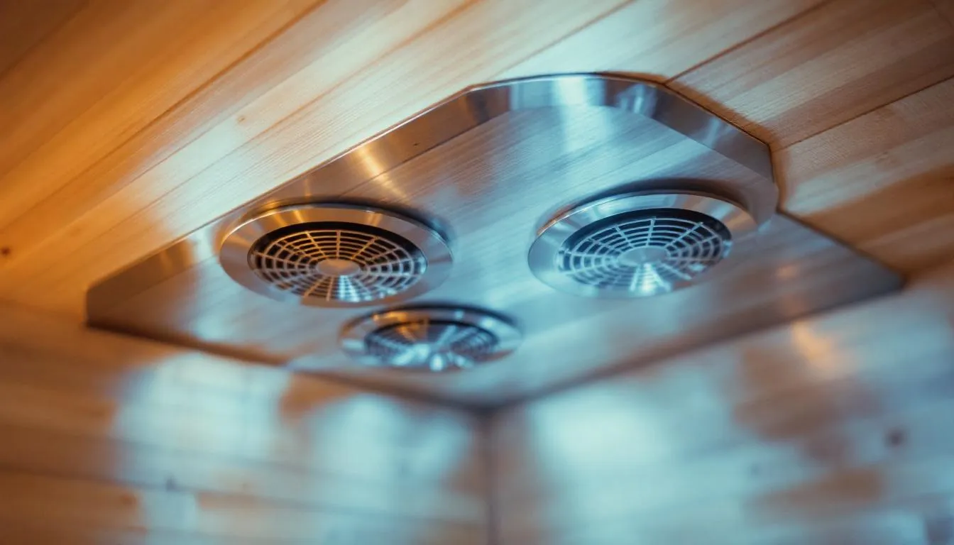 The image illustrates a well-ventilated sauna room, showcasing an exhaust vent and an intake vent positioned on opposite walls to facilitate proper air circulation. This setup ensures that hot air rises and stale air is expelled, maintaining optimal air quality and oxygen levels during sauna sessions.