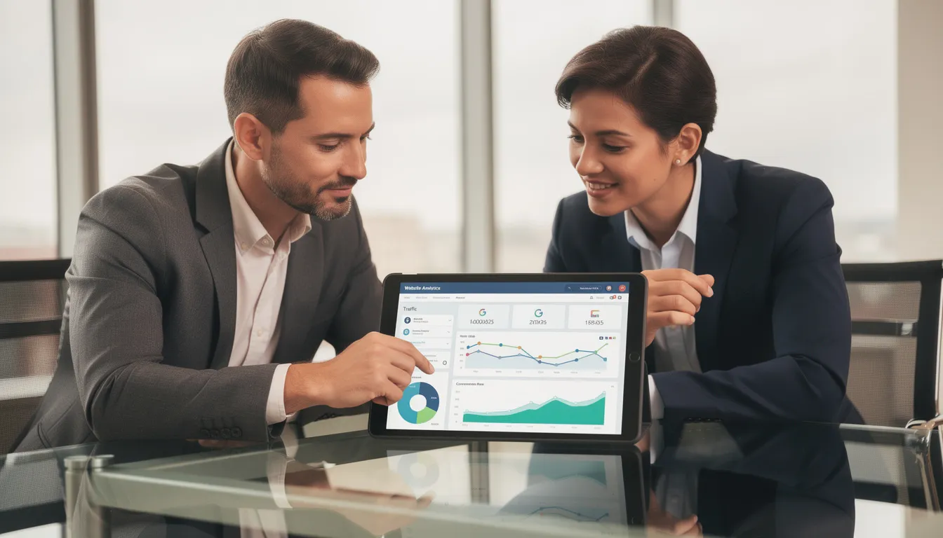 The image shows two business professionals intently reviewing website analytics on a tablet device, likely discussing their SEO efforts and strategies for improving organic search traffic. They appear to be analyzing data related to digital marketing, focusing on insights that could drive more traffic to their blog content and enhance social media engagement.