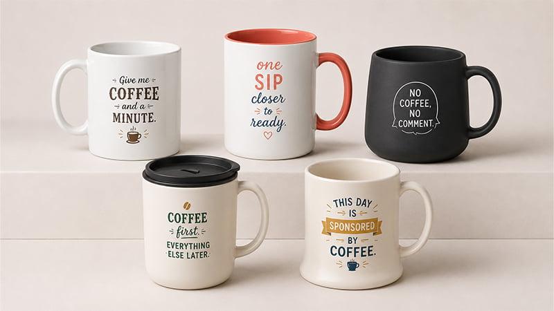 Everyday coffee mugs printed with short funny coffee quotes