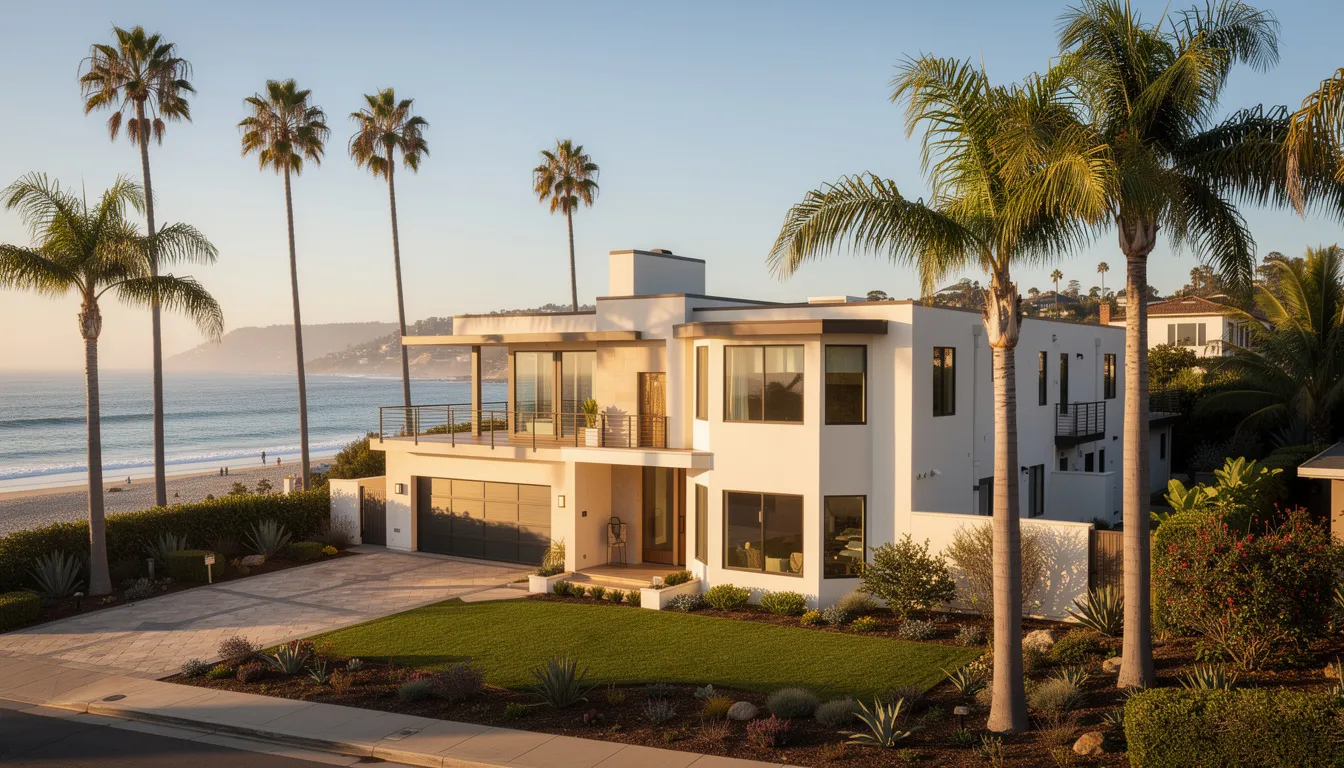 The image depicts a stunning coastal home in Southern California, surrounded by palm trees, symbolizing the valuable properties often involved in complex estate disputes. This serene setting highlights the importance of trust and estate mediation in resolving family relationships and ensuring fair asset distribution among parties involved.