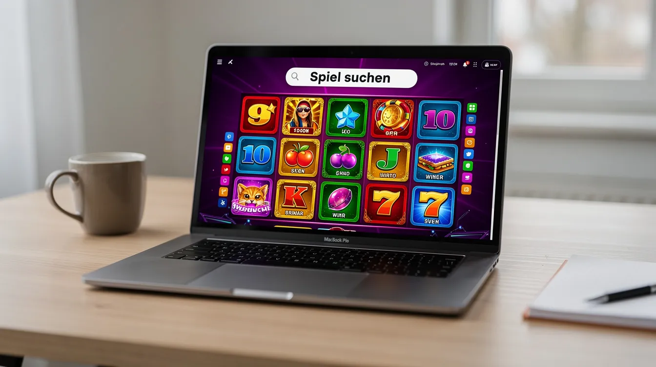 Ein Laptop auf einem Schreibtisch zeigt eine bunte Casino-Spieloberfläche mit verschiedenen Slot-Kacheln und einer Suchleiste, die den Zugang zu zahlreichen Automatenspielen in Online-Casinos erleichtert. Die lebendige Darstellung vermittelt ein Gefühl von Geselligkeit und Unterhaltung, typisch für die Welt der Online-Spielotheken.