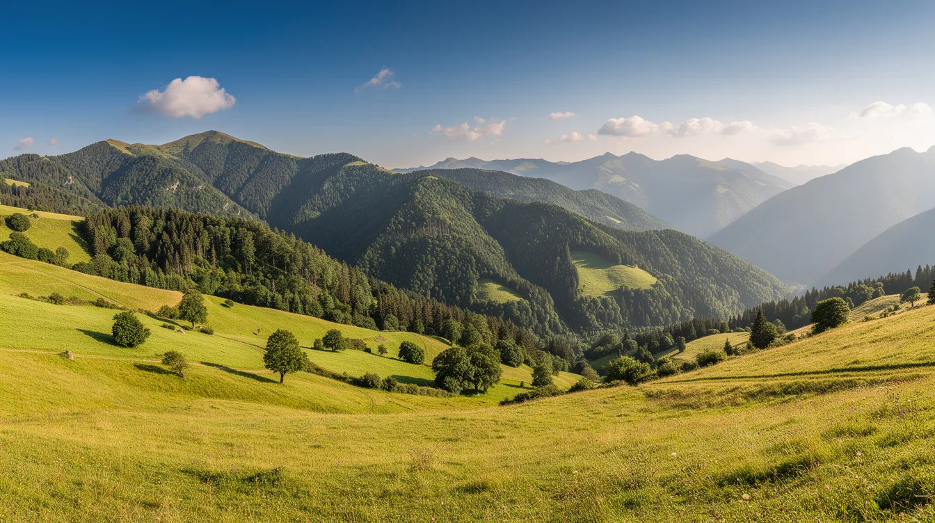 Ein Panoramablick über die sanften, grünen Hügel und bewaldeten Berge der Mittelgebirgslandschaft im Sauerland bei strahlendem Sonnenschein, ideal für Naturliebhaber und Wanderer, die die Schönheit dieser Ferienregion erkunden möchten. Die Aussicht zeigt die Vielfalt der Natur und lädt zu Ausflügen zu den zahlreichen Sehenswürdigkeiten ein.