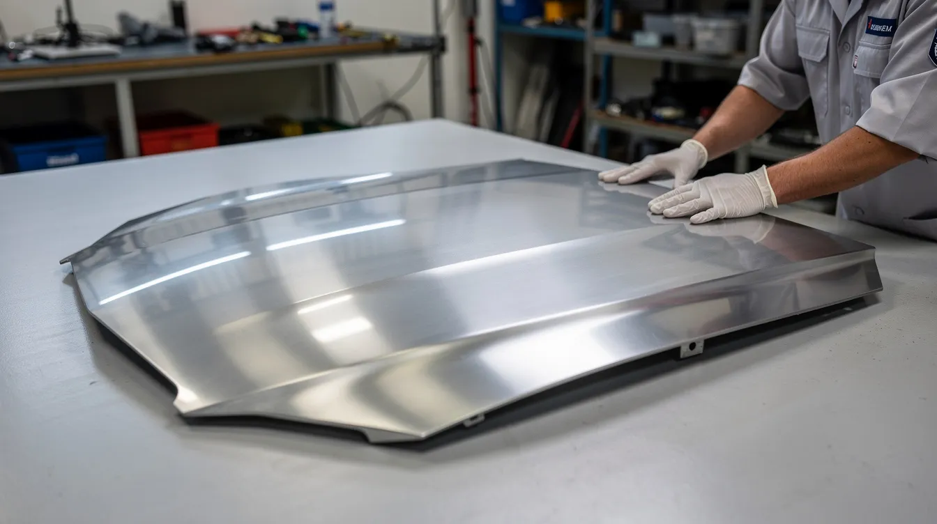 A polished aluminum car hood panel is being carefully inspected under bright workshop lighting, highlighting its smooth surface and superior strength. This automotive sheet metal component is essential for vehicle body work, showcasing the precision and quality required in the automotive industry.