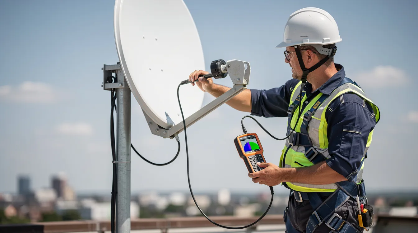 A professional technician is using a signal meter to adjust the alignment of a satellite dish, ensuring optimal signal strength and quality for DSTV reception. This process helps address common DSTV signal problems and improves the performance of the DSTV decoder.