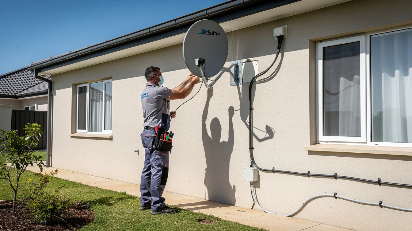 A technician is installing a DStv satellite dish on a residential property, carefully running coaxial cables to connect the primary decoder and set up extra view with separate decoders for the family to enjoy various TV channels. The scene captures the technician at work, ensuring a quality installation for optimal viewing.