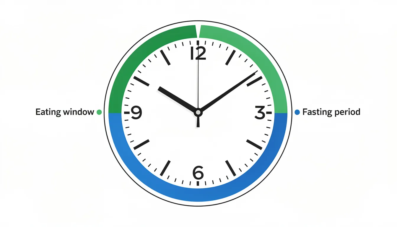 The image features a circular clock face, with a 12-hour daytime eating window highlighted in green and an overnight fasting period marked in blue, symbolizing the principles of the longevity diet and intermittent fasting for a healthier life. This visual representation emphasizes the importance of mindful food consumption and time-restricted eating in promoting longevity and reducing disease risk.