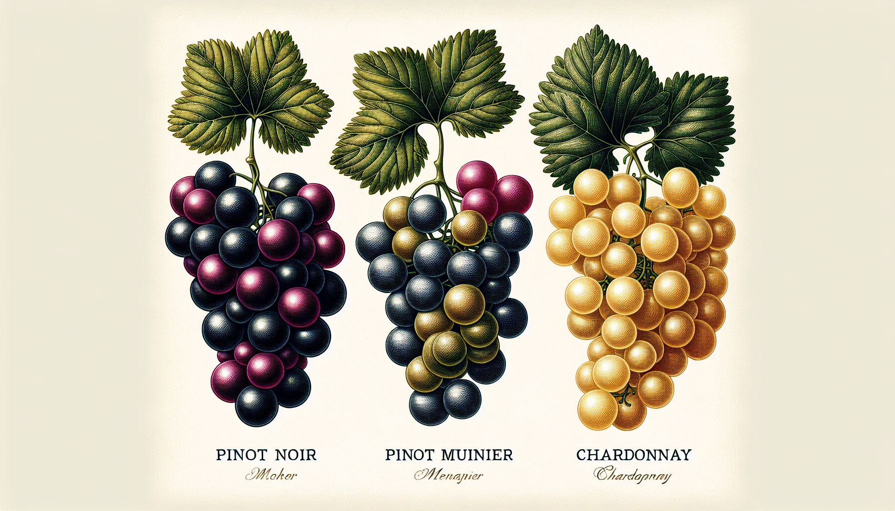 Illustration of Pinot Noir, Pinot Meunier, and Chardonnay grapes