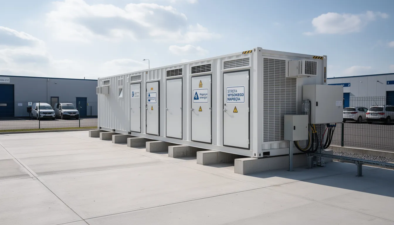 Na zdjęciu znajduje się kontenerowy magazyn energii umieszczony na betonowym fundamencie na terenie firmy. Obiekt budowlany spełnia wymagania ochrony przeciwpożarowej oraz jest zgodny z miejscowym planem zagospodarowania przestrzennego.