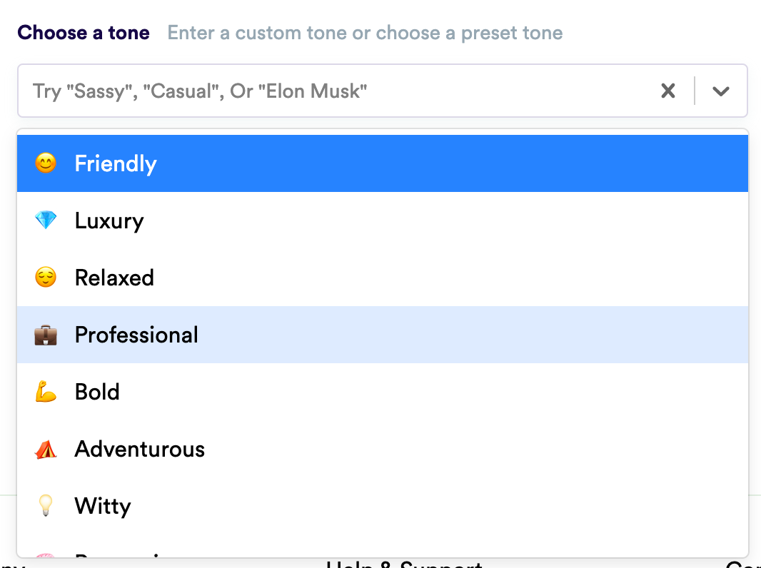 Copy.ai Tone Selection