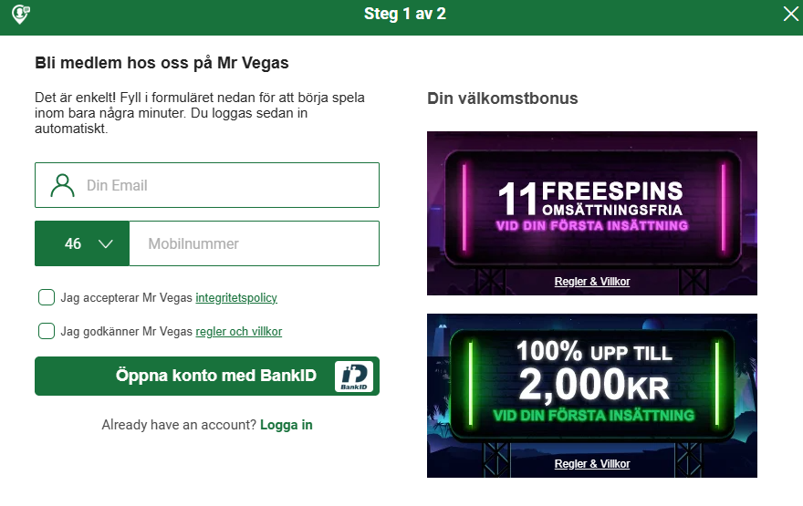 Registreringsfönstret hos Mr Vegas där nya spelare anger e-post och mobilnummer och öppnar konto med BankID.