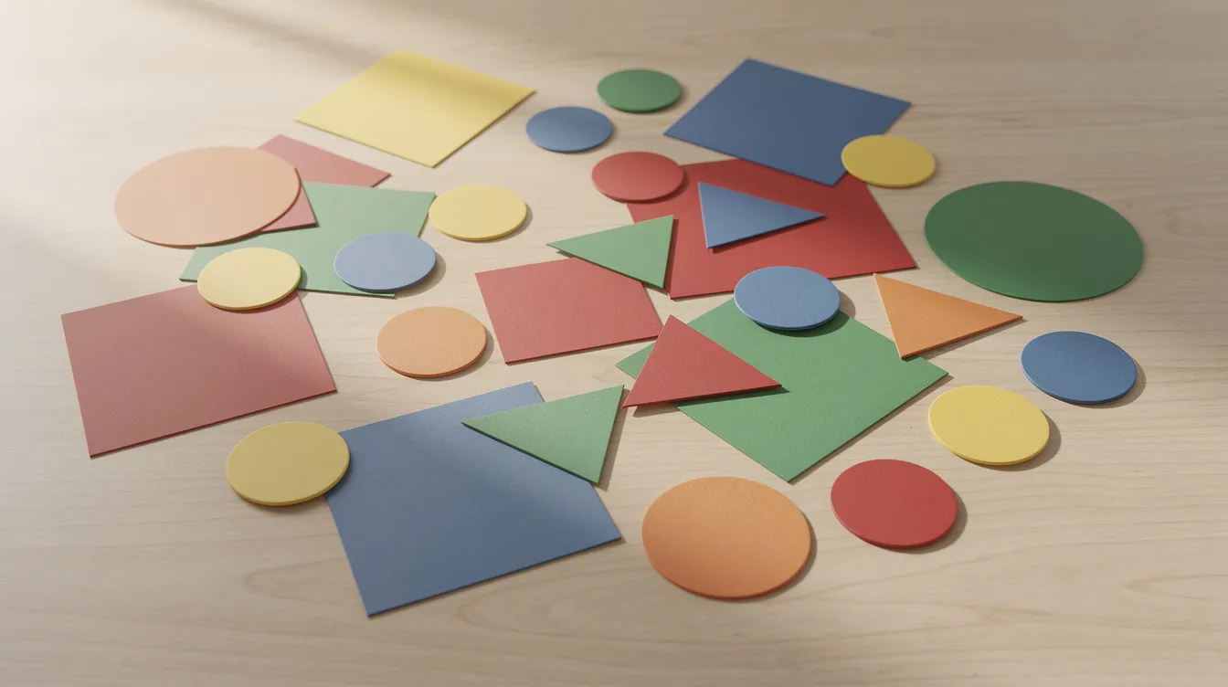 Na stole znajdują się kolorowe figury geometryczne, w tym kwadraty, trójkąty i koła w różnych rozmiarach, które ilustrują podstawowe figury płaskie. Te różnorodne kształty mogą być używane do nauki geometrii oraz rozwiązywania zadań związanych z polem powierzchni i obwodem.