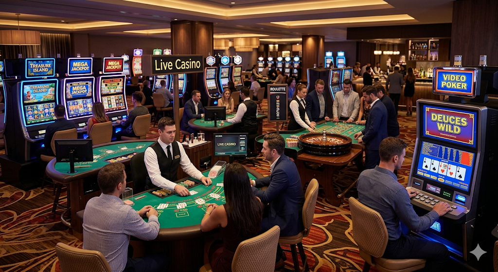 Live casino – spelare vid blackjack bord och slots i casino miljö med dealer och olika spel
