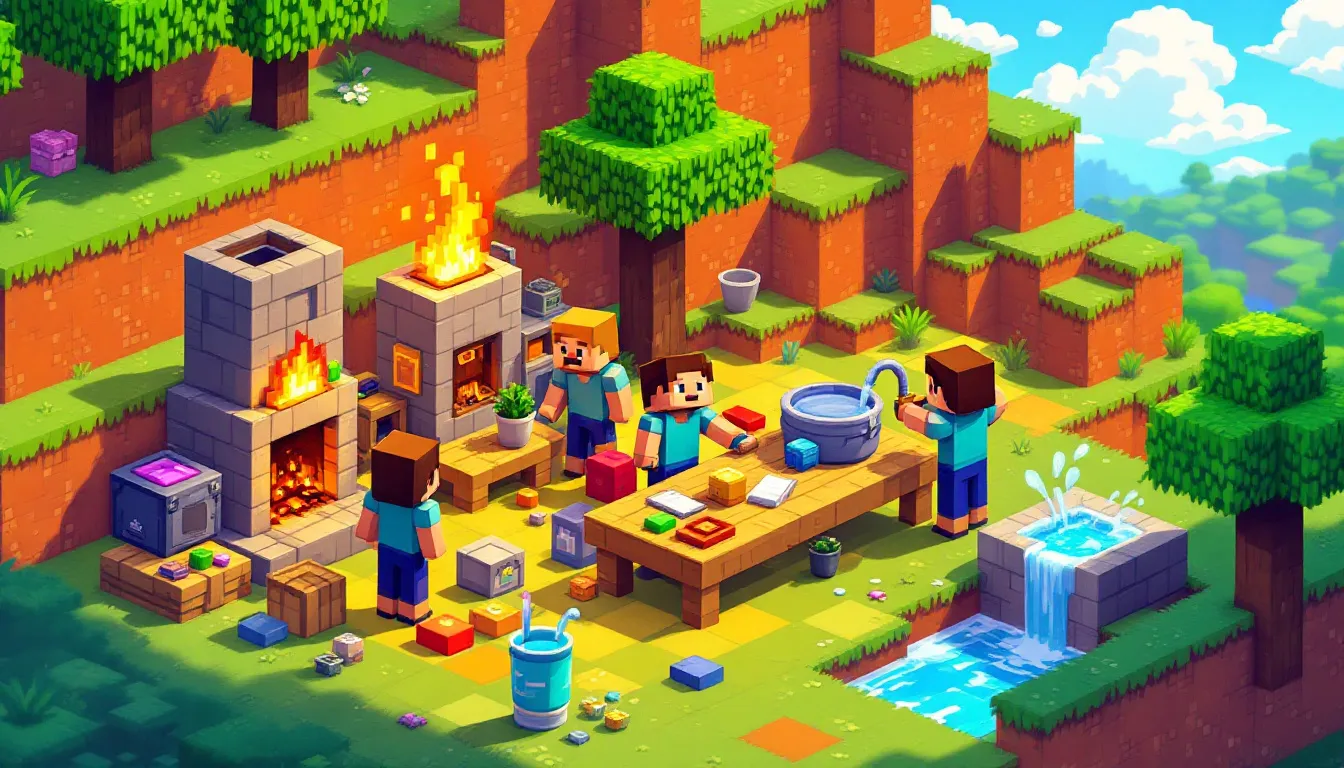 Players utilizing various utilities in a Minecraft game environment.