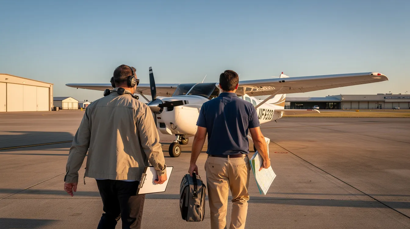 A flight instructor and a student are walking together towards a training aircraft on a clear ramp, preparing for their practical test under the airman certification standards. The scene reflects the essential elements of aviation training, emphasizing the importance of proficiency and risk management in becoming a private pilot.