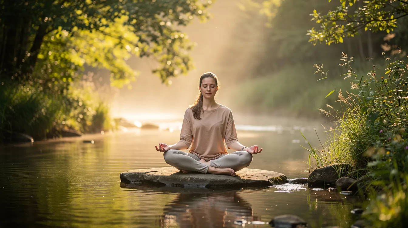 Une femme pratique la méditation dans un environnement naturel apaisant, les yeux fermés, évoquant un moment de sérénité loin des maux de tête et des crises de migraine. Ce cadre tranquille pourrait aider à atténuer les symptômes de la migraine hormonale, souvent liés aux fluctuations hormonales du cycle menstruel.