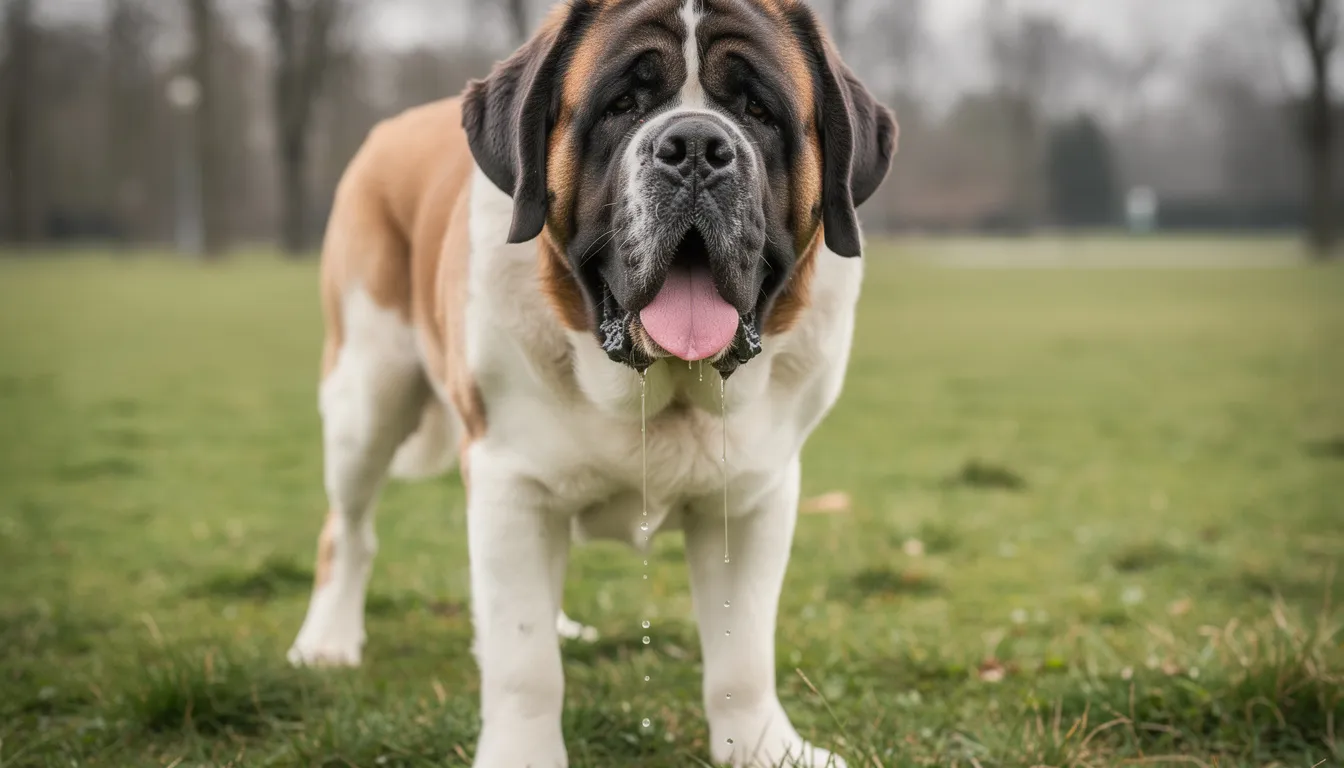 Na zdjęciu widoczny jest pies rasy bernardyn, który intensywnie się ślini, stojąc na zielonej trawie. Nadmierne ślinienie może być sygnałem problemów zdrowotnych, takich jak choroby jamy ustnej czy obecność ciała obcego.