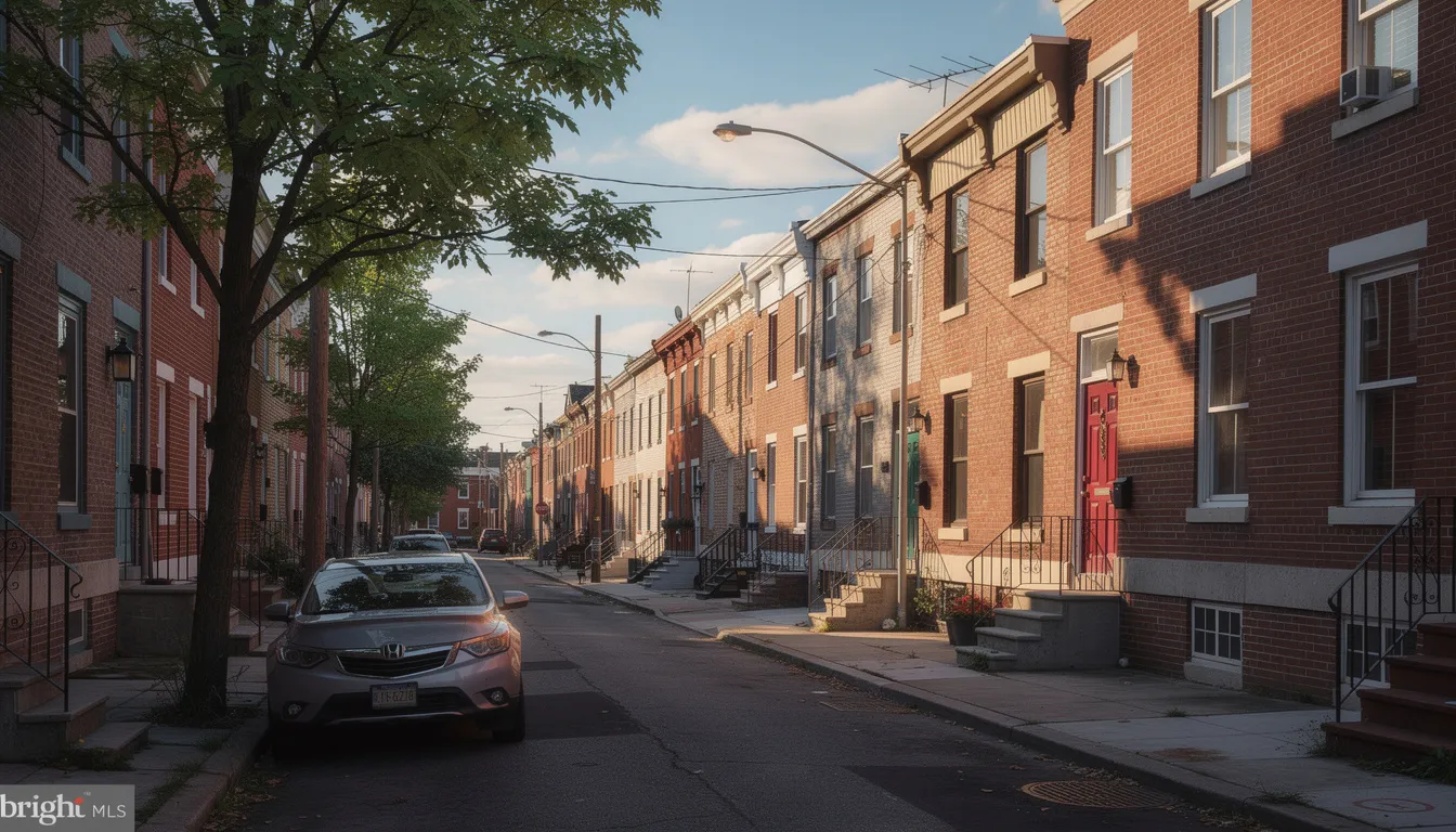 The image depicts a row of Philadelphia homes characterized by their classic brick facades lining a residential street. This scene reflects the housing market dynamics in Pennsylvania, where home prices can be influenced by factors such as interest rates and the current seller's market.