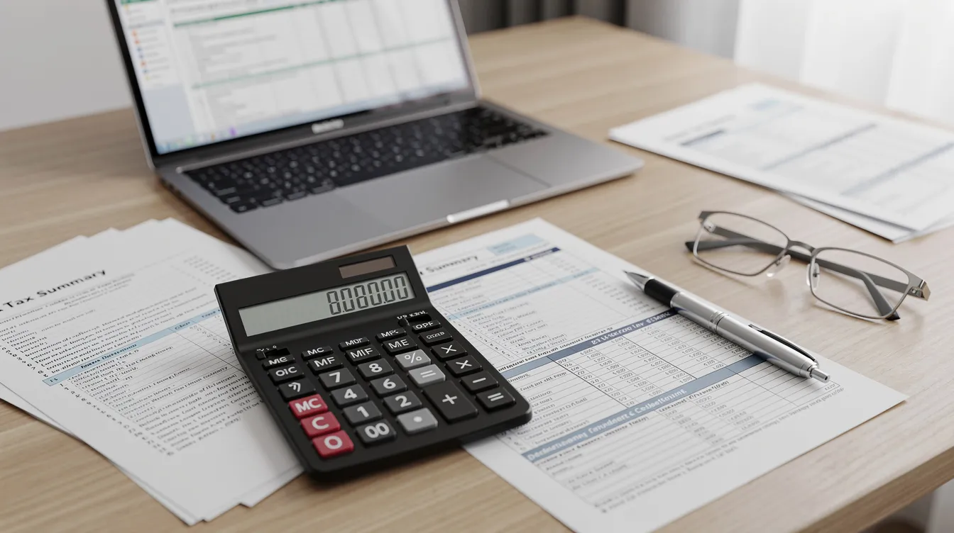 The image shows a calculator alongside various financial documents on a desk, symbolizing tax planning for selling inherited property. This setup highlights the importance of understanding capital gains taxes and fair market value when navigating the complexities of an estate sale.