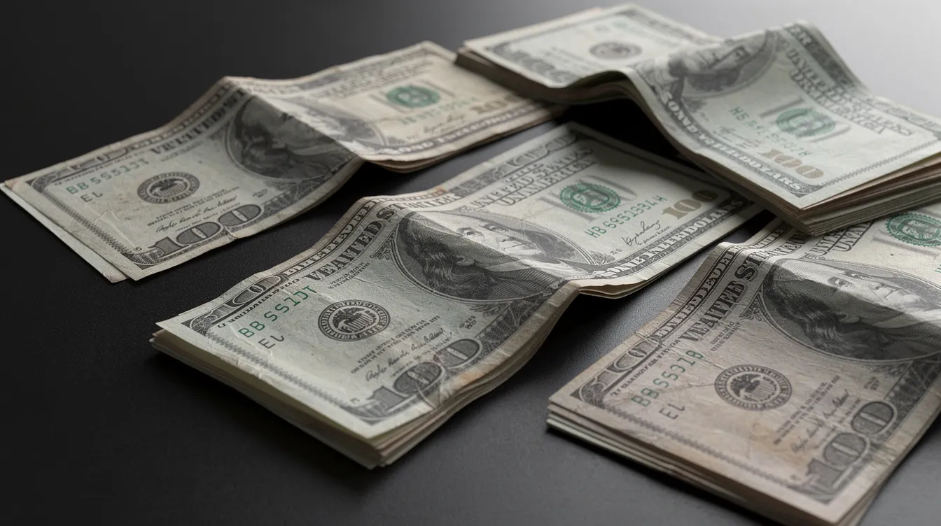 Auf einer dunklen Oberfläche liegen verstreute US-Dollar-Scheine, einige sind zerknittert, während andere glatt ausgebreitet sind. Diese Anordnung erinnert an die exzessiven Geschäfte und die Gier, die in "The Wolf of Wall Street" thematisiert werden.