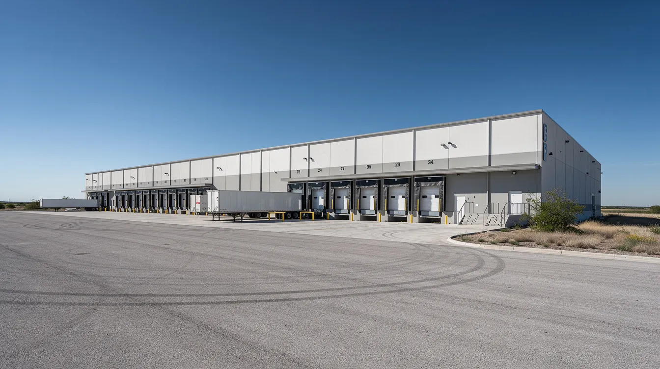 The image depicts a large industrial warehouse building featuring a flat roof and multiple loading docks, all set against a clear blue Texas sky. This commercial property highlights the flat roofing system, which is essential for effective drainage and energy efficiency in industrial settings.