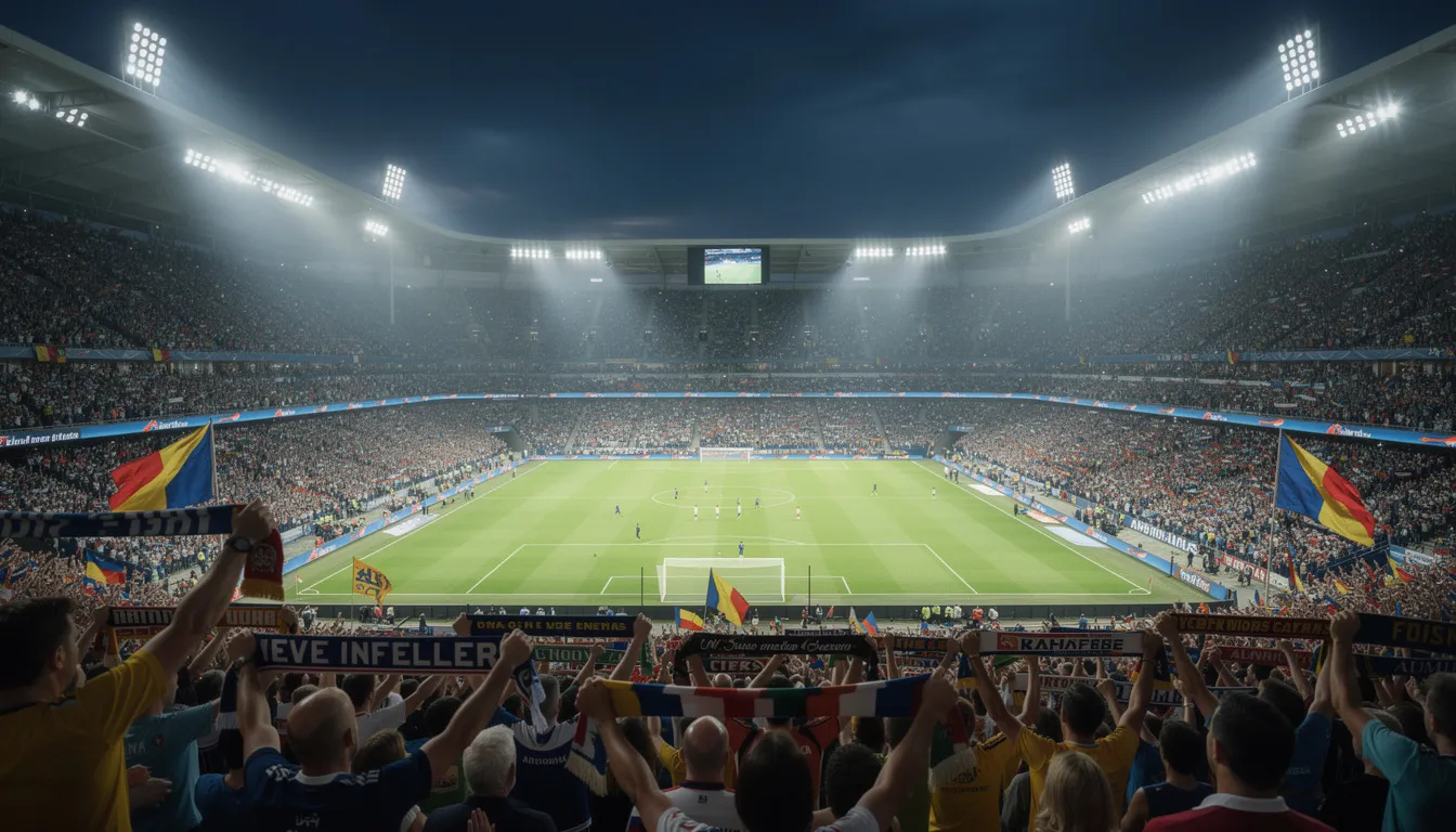 En fotbollsstadion är fylld med entusiastisk publik under en spännande kvällsmatch, där ljudet av jubel och klappar hörs från alla håll. Stämningen är elektrisk och alla är samlade för att uppleva den intensiva matchen tillsammans.