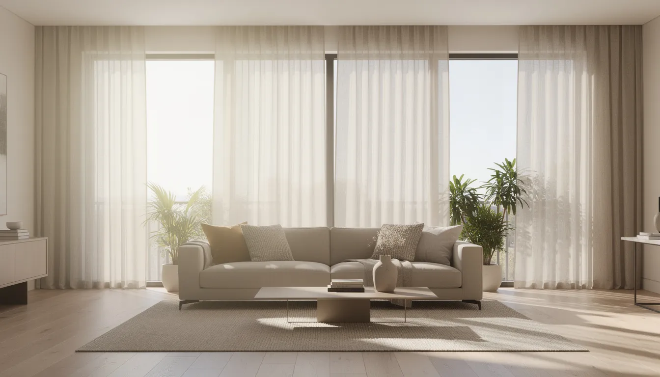 The image depicts an elegant living room adorned with light-coloured linen curtains that gently filter natural sunlight streaming through large windows, creating a warm and inviting atmosphere. The use of linen, a natural fiber derived from the flax plant, adds a touch of timeless appeal and breathable nature to the space, contrasting beautifully with synthetic materials often found in home textiles.