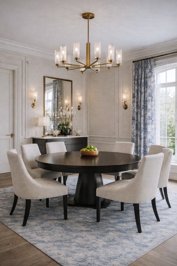 A fake, AI-generated dining room based on the AI-generated mood board in our earlier section.