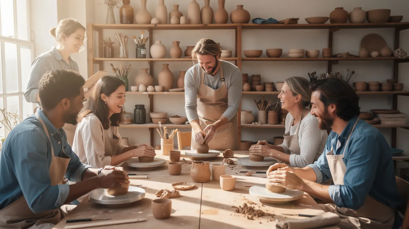 A diverse group of adults is gathered in a pottery class, cheerfully socializing while working on their creative projects. This engaging environment fosters connections similar to those found in the dating scene for individuals over 30, where they can meet potential partners and make new friends.