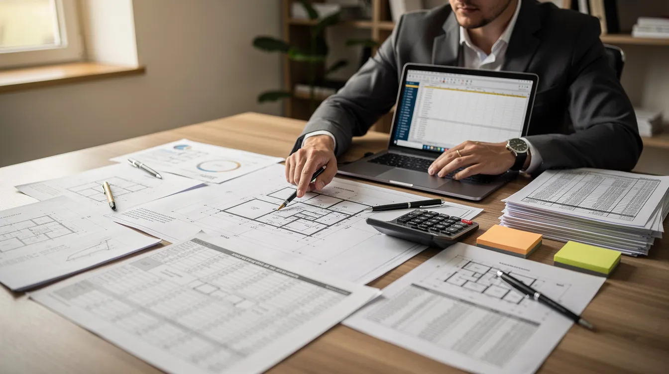 The image shows a person intently reviewing blueprints and financial documents on a desk, accompanied by a calculator and a laptop, highlighting the meticulous planning involved in securing hard money loans for investment properties. This scene reflects the essential steps real estate investors take in the Jersey City market to navigate financing options like fix and flip loans.