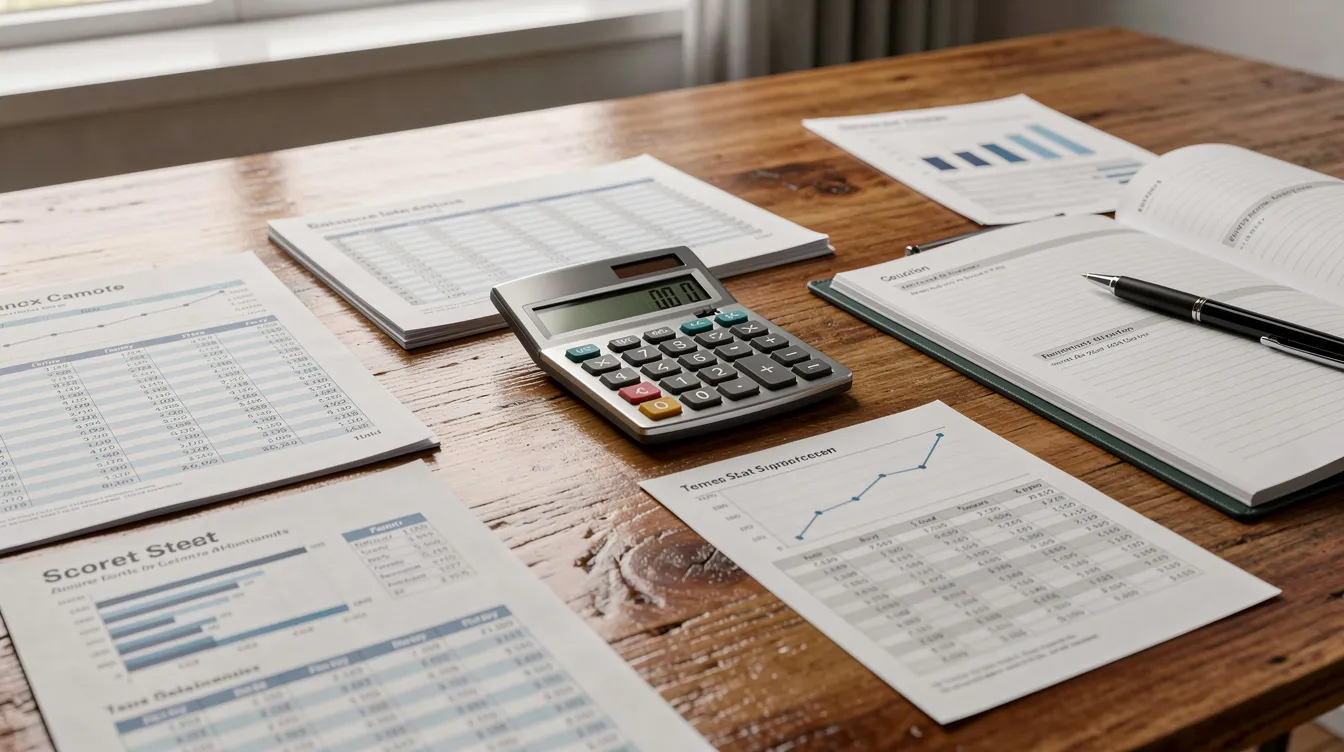 32743783 b11c 4cd3 82e6 5e70158719f1 The image shows a wooden office desk cluttered with various financial documents, a calculator, and printed spreadsheets, reflecting the detailed assessment needed for a dairy beverage plant's loan application. This setup suggests a focus on dairy entrepreneurs managing cash flow and project costs related to milk processing plants.