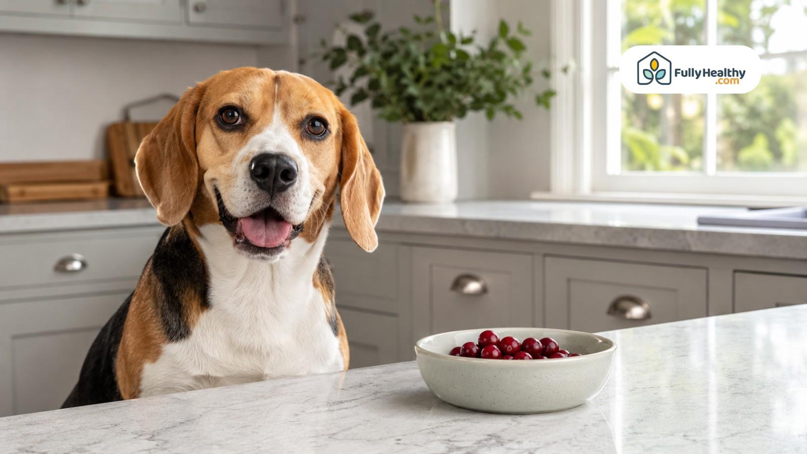 Happy beagle sitting beside bowl of cranberries on clean kitchen counter