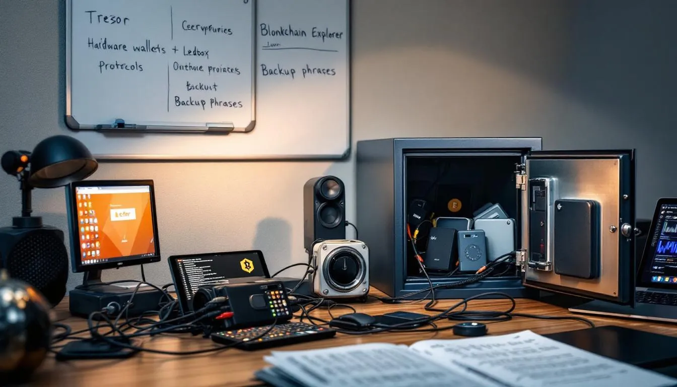 The image shows a secure cryptocurrency storage setup featuring multiple hardware wallets, highlighting top-tier security for digital assets. This setup is perfect for active traders looking to take advantage of crypto Black Friday deals and ensure safe crypto purchases.