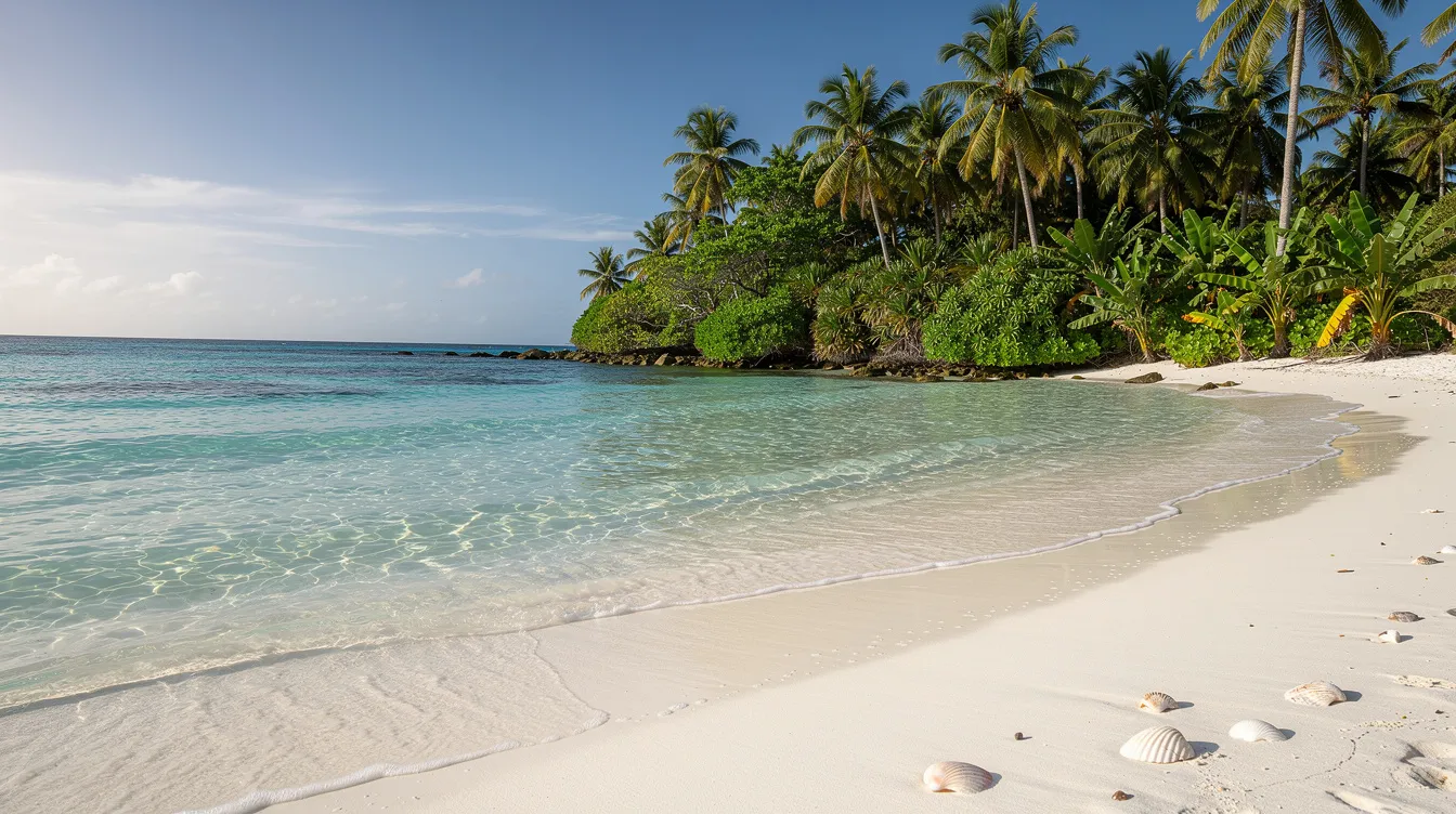 Imagem de uma praia caribenha com águas transparentes em um tom azul turquesa, cercada por vegetação tropical ao fundo. Este cenário paradisíaco é típico das ilhas do Reino dos Países Baixos, como Curaçao, e evoca a tranquilidade e beleza das praias do Caribe.