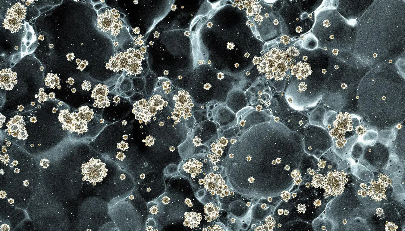 The image shows a microscopic view of nickel sulphide inclusions embedded within a glass matrix, illustrating the complex structure of toughened glass. These nickel sulphide particles can potentially lead to spontaneous glass breakage, emphasizing the importance of heat soaking during the manufacturing process to reduce the risk of such failures.