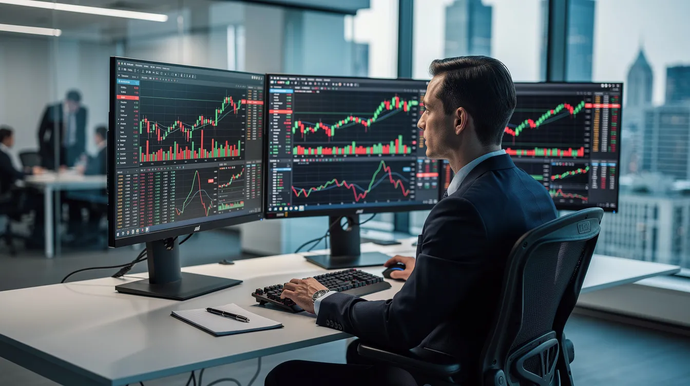 A professional trader is intensely analyzing multiple computer screens displaying candlestick charts in a modern office setting, focusing on market conditions and potential trend reversals. The screens feature various financial instruments, highlighting the trader's strategies for maximizing profit and managing risk in the dynamic marketplace.