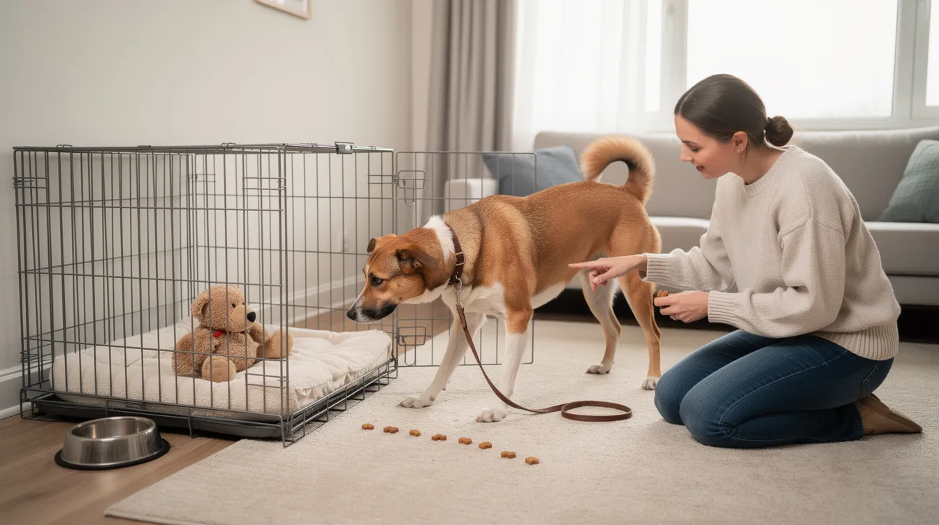 The image depicts a step-by-step crate training process for an adult dog, featuring a wire crate in a cozy room, with the crate door open to invite the dog inside. A few treats and a favorite toy are placed inside the crate, creating a safe and comfortable space for the dog to explore and feel secure during training sessions.