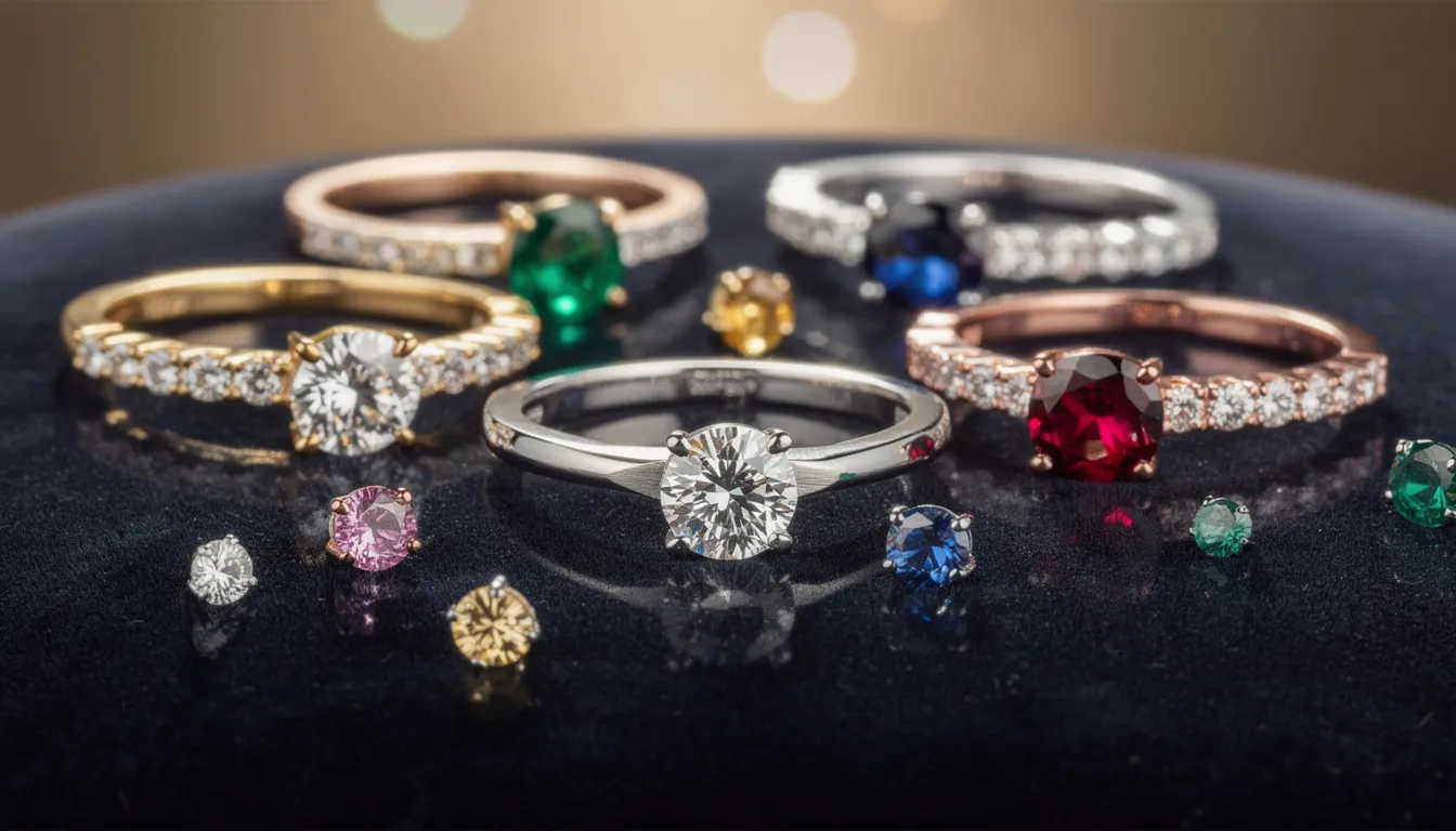 The image features a stunning collection of coloured gemstone rings set in various metals, including yellow gold, rose gold, and platinum. Each ring showcases vibrant gemstones like emeralds, rubies, and blue topaz, highlighting the unique beauty and symbolism of these fine jewellery pieces, perfect for engagement rings.