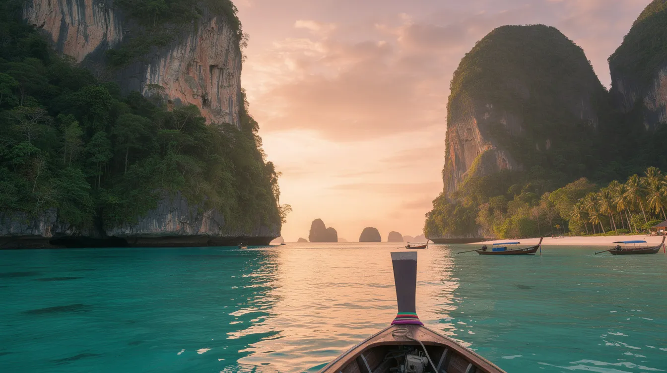 A imagem retrata as deslumbrantes praias de Krabi, na Tailândia, com suas águas cristalinas e formações rochosas imponentes. É um destino popular no Sudeste Asiático, ideal para quem busca relaxar em meio à natureza e explorar ilhas paradisíacas.