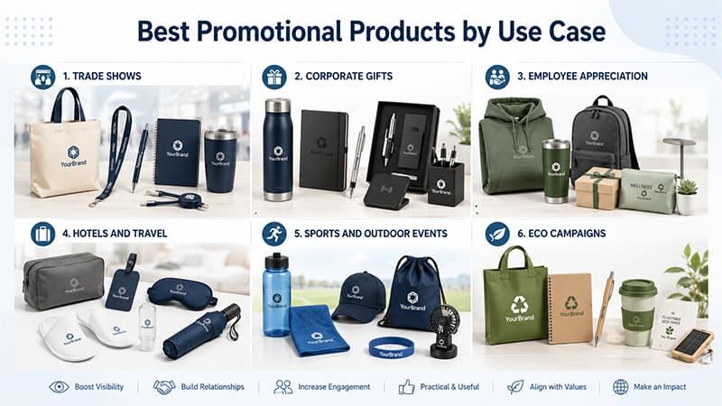 Best promotional products by use case for trade shows, corporate gifts, employee appreciation, travel, sports events, and eco campaigns.